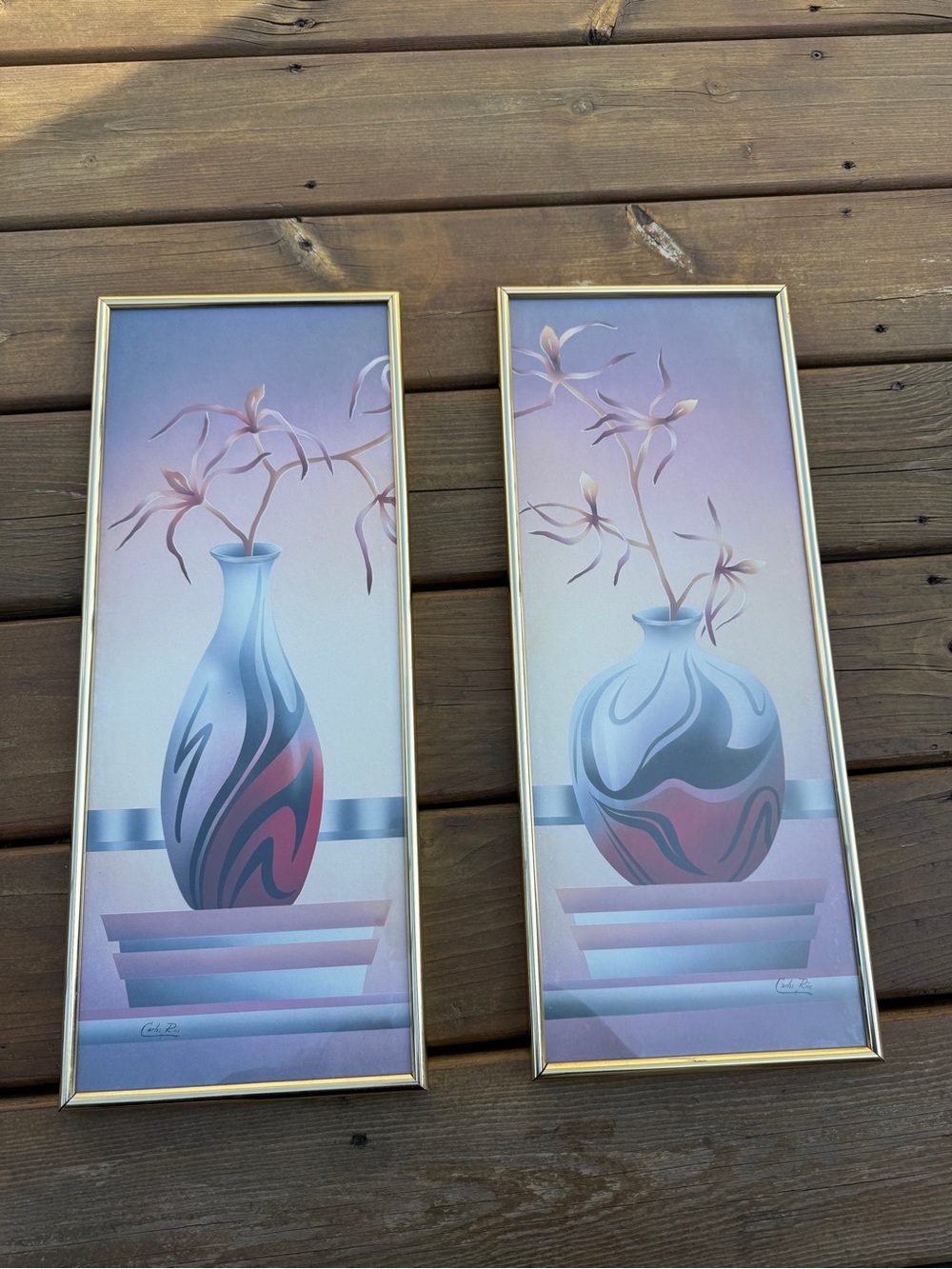Carlos Rios vase and floral prints. Signed. Gold Metal Frame. Set of 2.